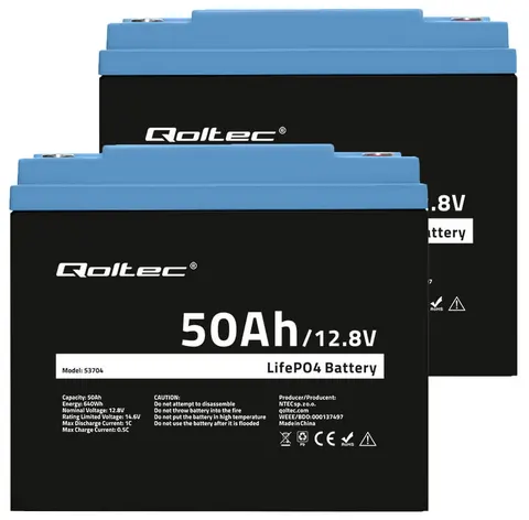 Zestaw: 2 x akumulator Qoltec LiFePO4 12.8V 50Ah (50A) + bezobsługowy BMS
