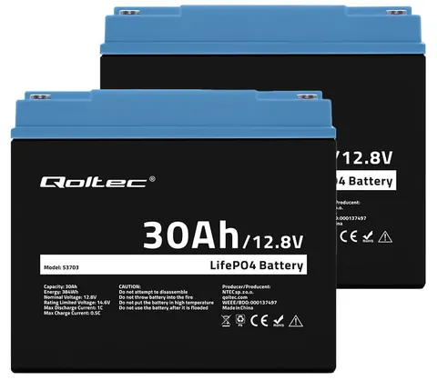 Zestaw: 2 x akumulator Qoltec LiFePO4 12.8V 30Ah (30A) + bezobsługowy BMS