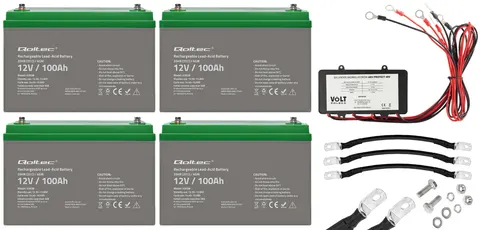 Zestaw: 4 x akumulator Qoltec AGM LongLife 12V 100Ah + balanser do zestawu akumulatorów 48V
