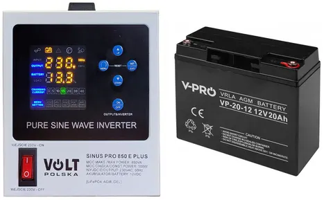 Zestaw: zasilacz Volt Sinus Pro 850E 500VA/850W + akumulator Volt VPRO VRLA AGM 12V 20Ah