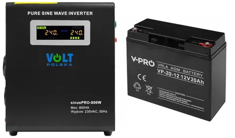 Zestaw: zasilacz awaryjny Volt Sinus Pro 800 W 800VA/500W + akumulator Volt VPRO VRLA AGM 12V 20Ah