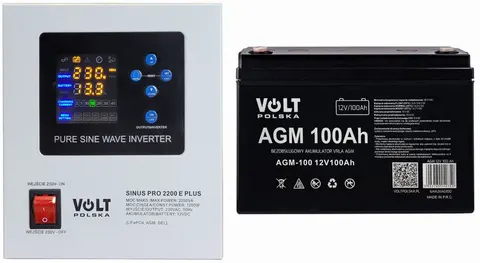 Zestaw: zasilacz Volt Sinus Pro 2200E 2200VA/1200W + akumulator Volt VRLA AGM 12V 100Ah