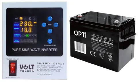 Zestaw: zasilacz Volt Sinus Pro 1100E 700VA/1100W + akumulator Volt OPTI VRLA AGM 12V 90Ah