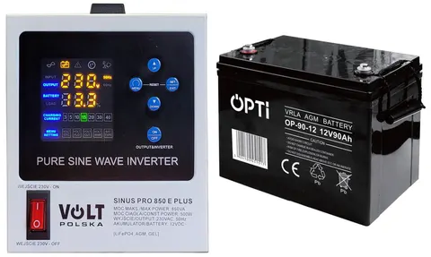 Zestaw: zasilacz Volt Sinus Pro 850E 500VA/850W + akumulator Volt OPTI VRLA AGM 12V 90Ah