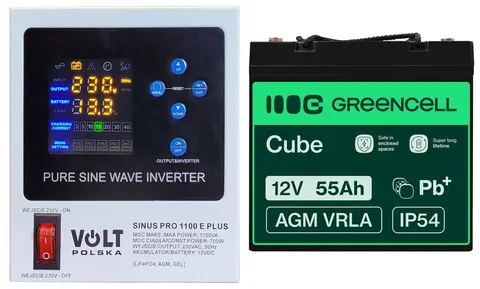 Zestaw: zasilacz Volt Sinus Pro 1100E 700VA/1100W + akumulator Green Cell AGM VRLA 12V 55Ah