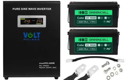 Zestaw: zasilacz awaryjny Volt Sinus Pro 2000W 2000VA/1400W + 2 x akumulator Green Cell AGM VRLA 12V 150Ah