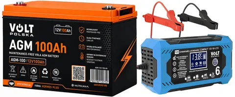 Zestaw: akumulator Volt Polska Hermes Plus VRLA AGM 12V 100Ah + prostownik COMPACT 12V 15A LCD