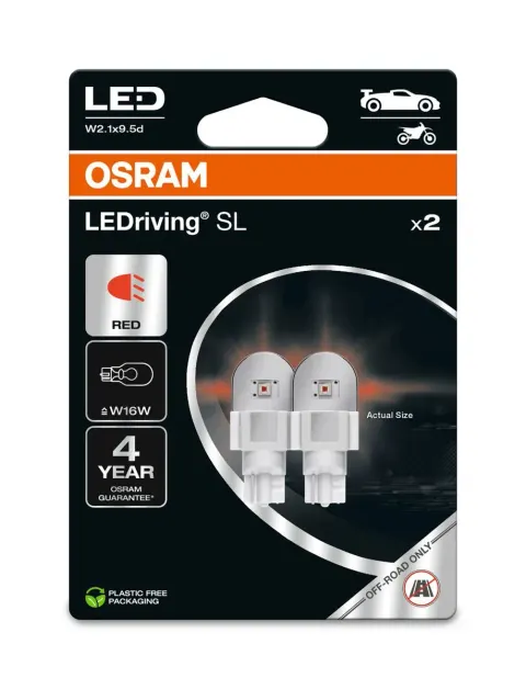 Żarówki LED W16W 12V W2,1x9,5d OSRAM LEDriving SL czerwone – 2 szt.