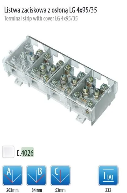 Listwa zaciskowa LG 4x95/35 termoplastyczna z osłoną, montaż na szynę TH35; E.4026, PAWBOL