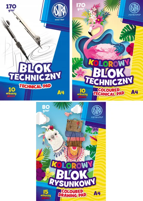 Zestaw Bloków Technicznych + Rysunkowych A4 Astra 3 Sztuki Komplet