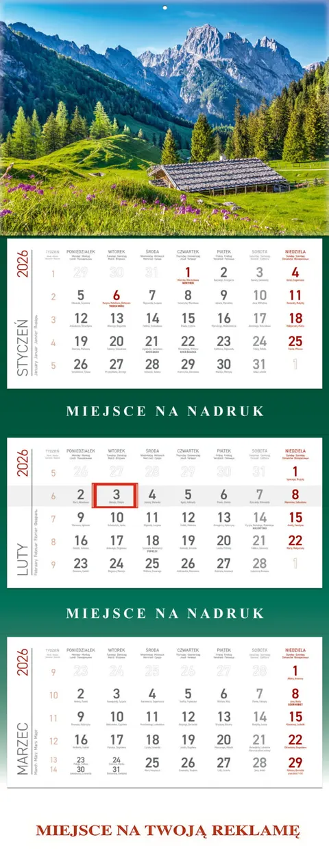 Kalendarz Ścienny 2026 Trójdzielny Góry 77,6x29,5cm Wokół Nas