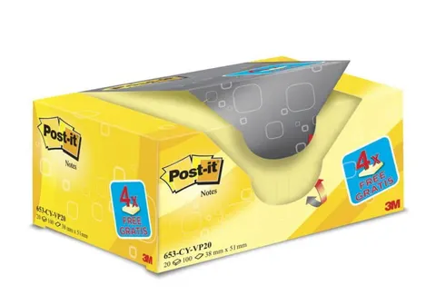 Karteczki samoprzylepne POST-IT® (653CY-VP20) 38x51mm (16+4) KARTON