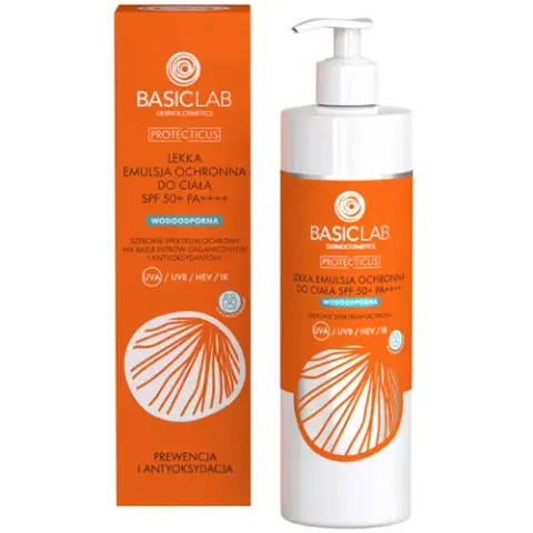 BASICLAB PROTECTICUS Lekka emulsja ochronna do ciała SPF 50+ PA++++ PREWENCJA I ANTYOKSYDACJA 300 ml