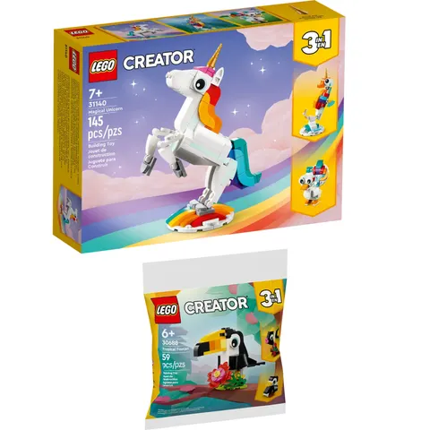 LEGO Creator 3w1 31140 + 30688 – Magiczny Jednorożec i Tropikalny Tukan