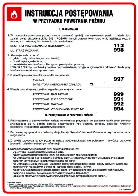 Instrukcja postępowania w przypadku powstania pożaru