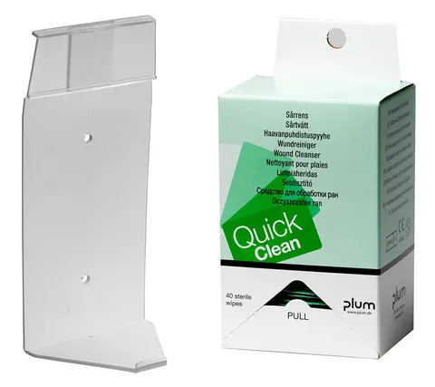 Dozownik Plum QuickClean — 40 chusteczek do oczyszczania ran (wieszak ścienny, CE)