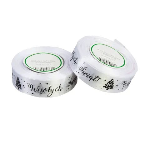 [8z25004] Wstążka satynowa "Wesołych Świąt!" biała 25mm 22mb