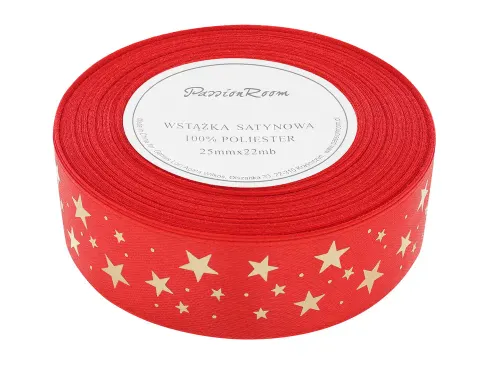 [8z25505] Wstążka satynowa nadruk gwiazdki czerwona 25mm 22mb