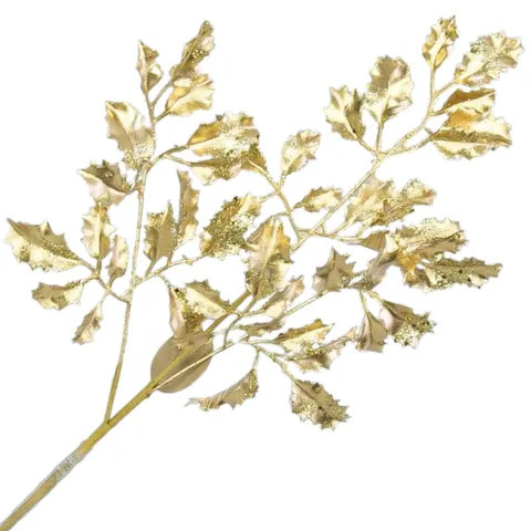 [680922] Gałązka duża ostrokrzew brokatowy złoty 64cm