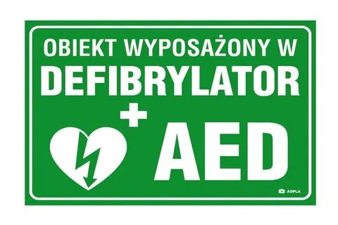 Znak obiekt wyposażony w defibrylator AED