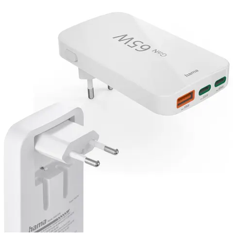 Ładowarka podróżna składana Hama GaN 65W 2x USB-C 1x USB-A Biała