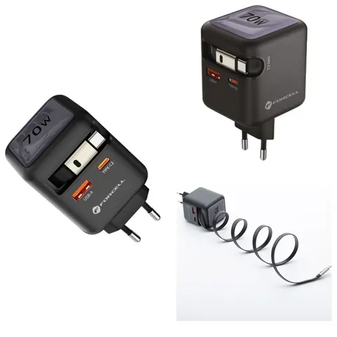 Szybka ładowarka sieciowa GaN 70W zwijany kabel USB-C Super Fast Charging