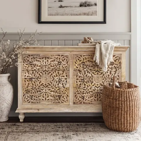 Drewniana Komoda Boho Rzeźbiona 6 Szuflad Naturalna 140cm