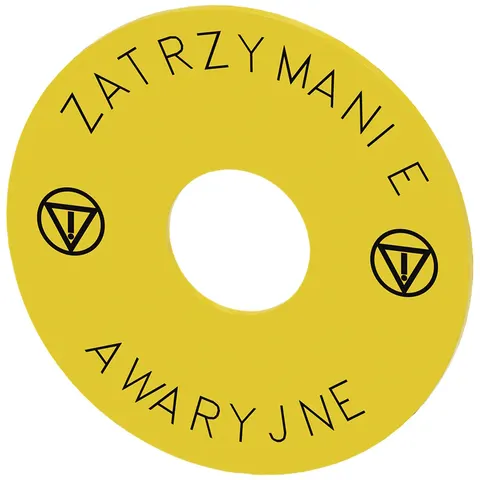 Tabliczka opisowa żółta z inskrypcją: zatrzymanie awaryjne i symbolem 5638; średnica: zewnętrzna 75mm, wewnętrzna 22,5mm; SIRIUS ACT; 3SU1900-0BB31-0ND0, SIEMENS