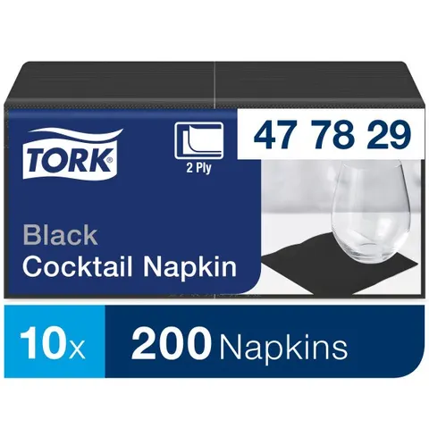 Serwetki papierowe koktajlowe 24 x 24 Tork 477829 czarne, 2-warstwowe