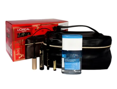 L'oreal Paris Zestaw do makijażu - Tusz do rzęs + Eyeliner + Płym do demakijażu 125 ml + torba podróżna