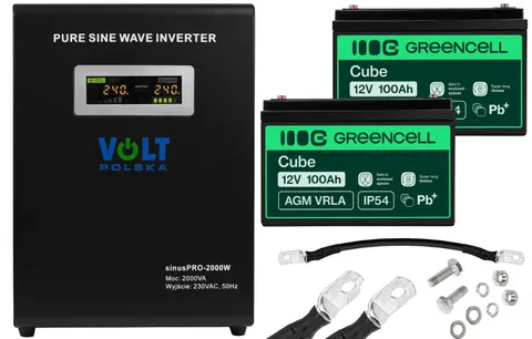 Zestaw: zasilacz Volt Sinus Pro 2000W 2000VA/1400W + 2 x akumulator Green Cell AGM VRLA 12V 100Ah
