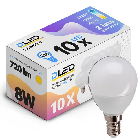 10x Żarówka E14 LED 720lm 8W kula
