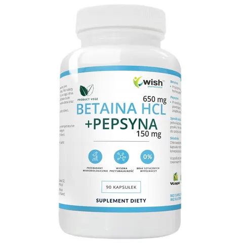 Wish Pharmaceutical - Betaina 650mg + Pepsyna 150mg 90 kapsułek Produkt Vege