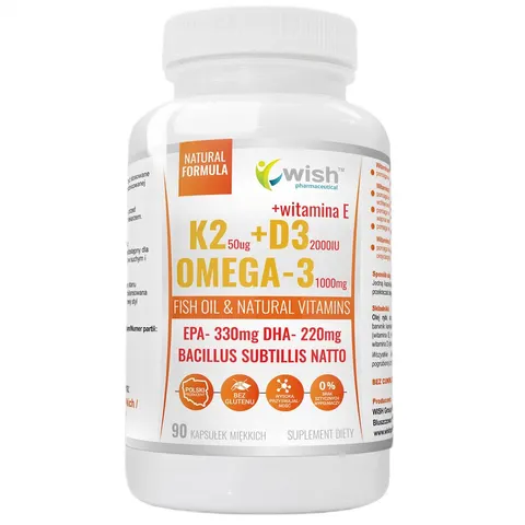 Wish Pharmaceutical - K2 MK-7 50µg + D3 2000IU + Omega 90 kapsułek miękkich
