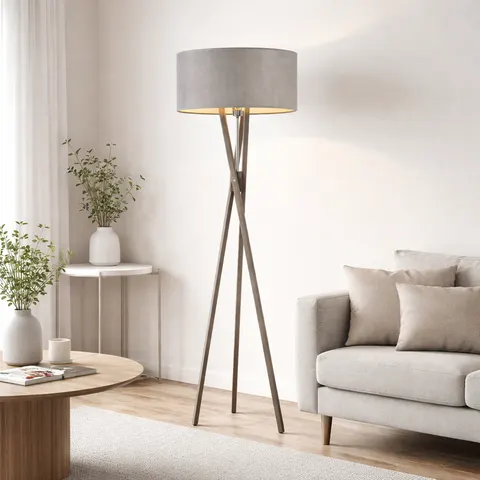 Drewniana lampa podłogowa na trójnogu IVONNE VELUR