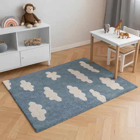 Niebieski bawełniany dywan w chmurki BLUE SKY RUG 120x160 cm