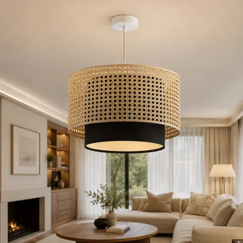 BAMBOO – designerska lampa wisząca boho z podwójnym plecionym abażurem