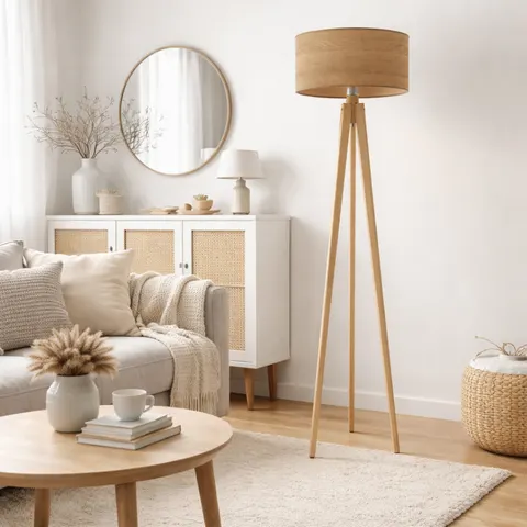 Minimalistyczna lampa podłogowa MARY ECO na 3 nogach z drewna