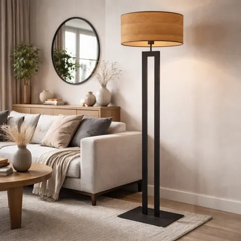 Skandynawska lampa stojąca do salonu DENERIS ECO z elementami drewna