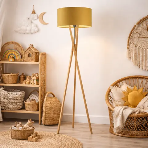 Trójnożna lampa podłogowa z drewna IVONNE w stylu boho