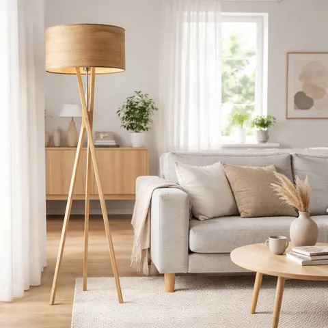 Drewniana lampa podłogowa na trójnogu IVONNE ECO