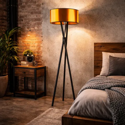 Loftowa lampa stojąca na trójnogu z drewna IVONNE MIRROR