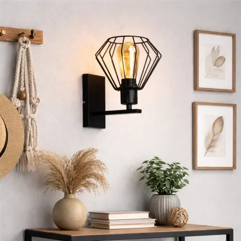 Czarna oprawa ścienna w stylu loftowym FATIMA LOFT z drucianym kloszem