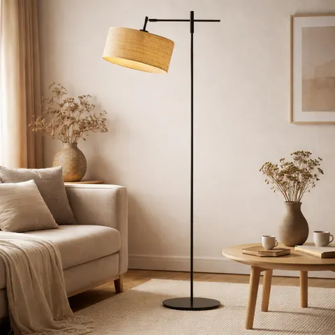 Regulowana lampa podłogowa z abażurem RILEY RATTAN w stylu boho