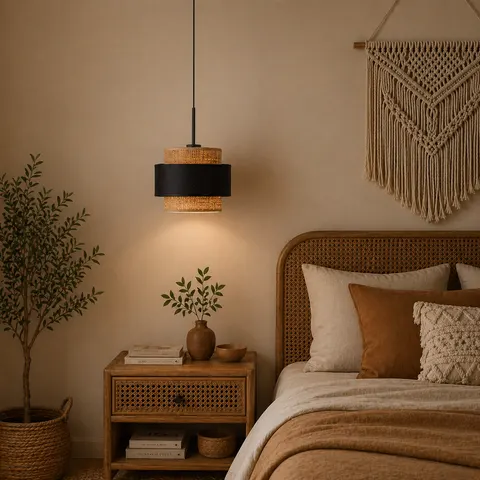Żyrandol jednopłomienny w stylu boho TAMARA RATTAN czarno-beżowy