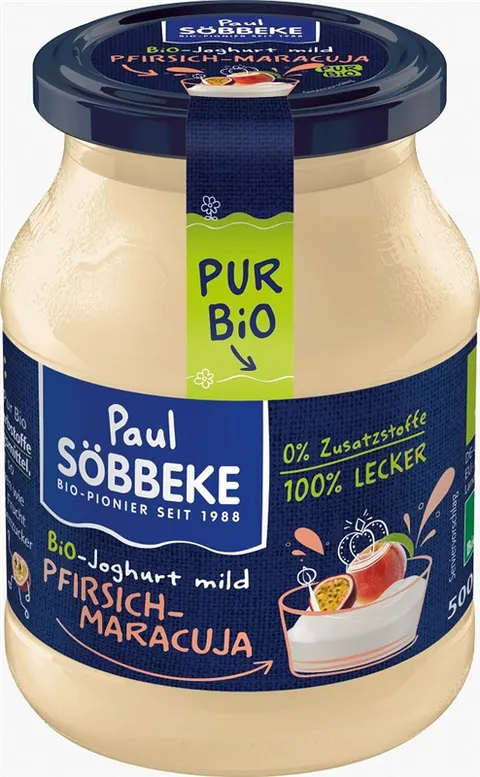 JOGURT KREMOWY BRZOSKWINIA - MARAKUJA (3,8% TŁUSZCZU W MLEKU) BIO 500 g (SŁOIK) - SOBBEKE