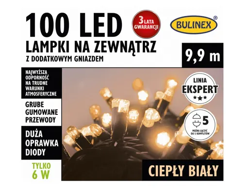 Lampki LED 100L - 9,9m, cieply bialy - Bulinex