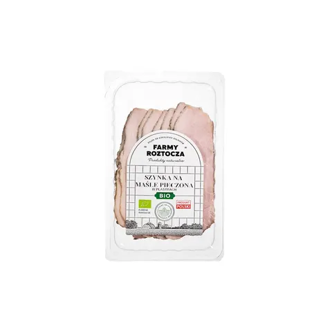 SZYNKA NA MAŚLE PIECZONA W PLASTRACH BIO 100 g - FARMY ROZTOCZA (NA ZAMÓWIENIE)