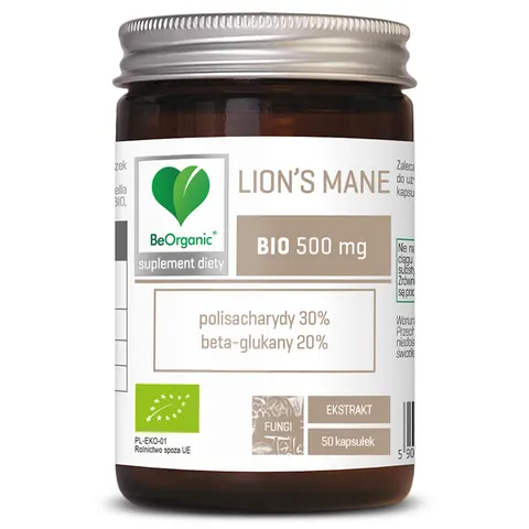 GRZYBY SOPLÓWKA JEŻOWATA (LION'S MANE) EKSTRAKT BIO (500 mg) 50 KAPSUŁEK - BE ORGANIC