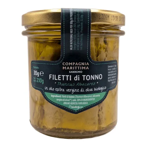 TUŃCZYK ŻÓŁTOPŁETWY FILETY W BIO OLIWIE Z OLIWEK EXTRA VIRGIN 315 g (210 g) (SŁOIK) - COMPAGNIA MEDITERRANEA